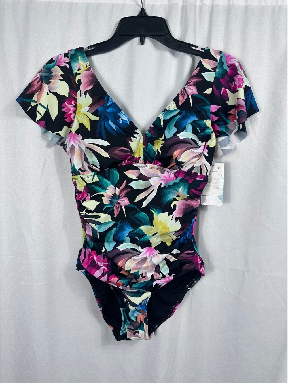 Swim Solutions Flutter Sleeve One Piece Swimsuit Size 8 Black Multi Floral